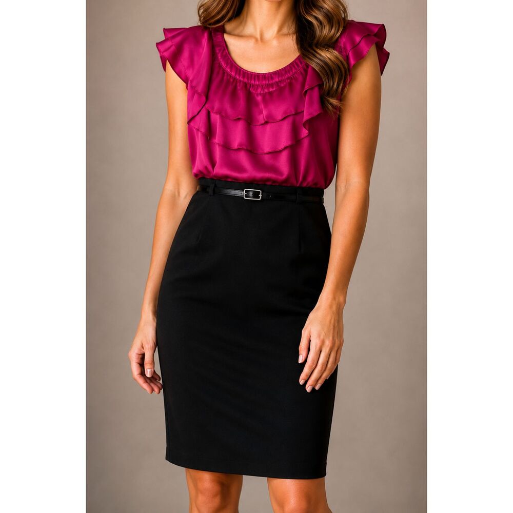 Fuchsia Ruffle Sheath Dress Belted Size 12 Work Office Cocktail